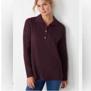 J. Jill Tranquility Fleece Three Button Collar Long Sleeve Navy Top Women's XL
